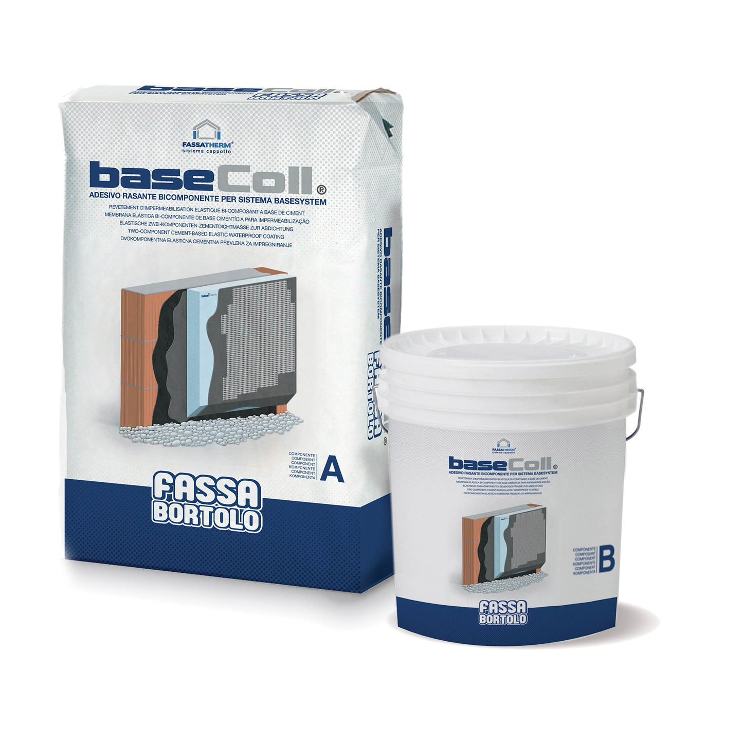 BASEECOLL - Cola-Regularizador de base cimentícia bicomponente e impermeabilizante para colar e regularizar os painéis para rodapés em EPS - Fassa Bortolo