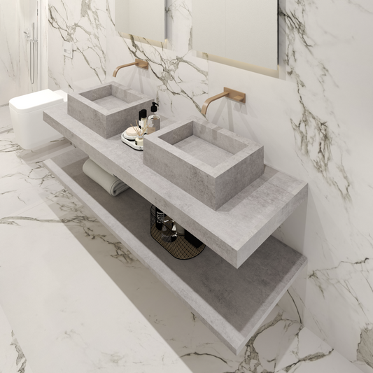 Piano di lavoro dritto Toscana in Dekton da 4 mm con doppio lavabo da appoggio nello stesso materiale