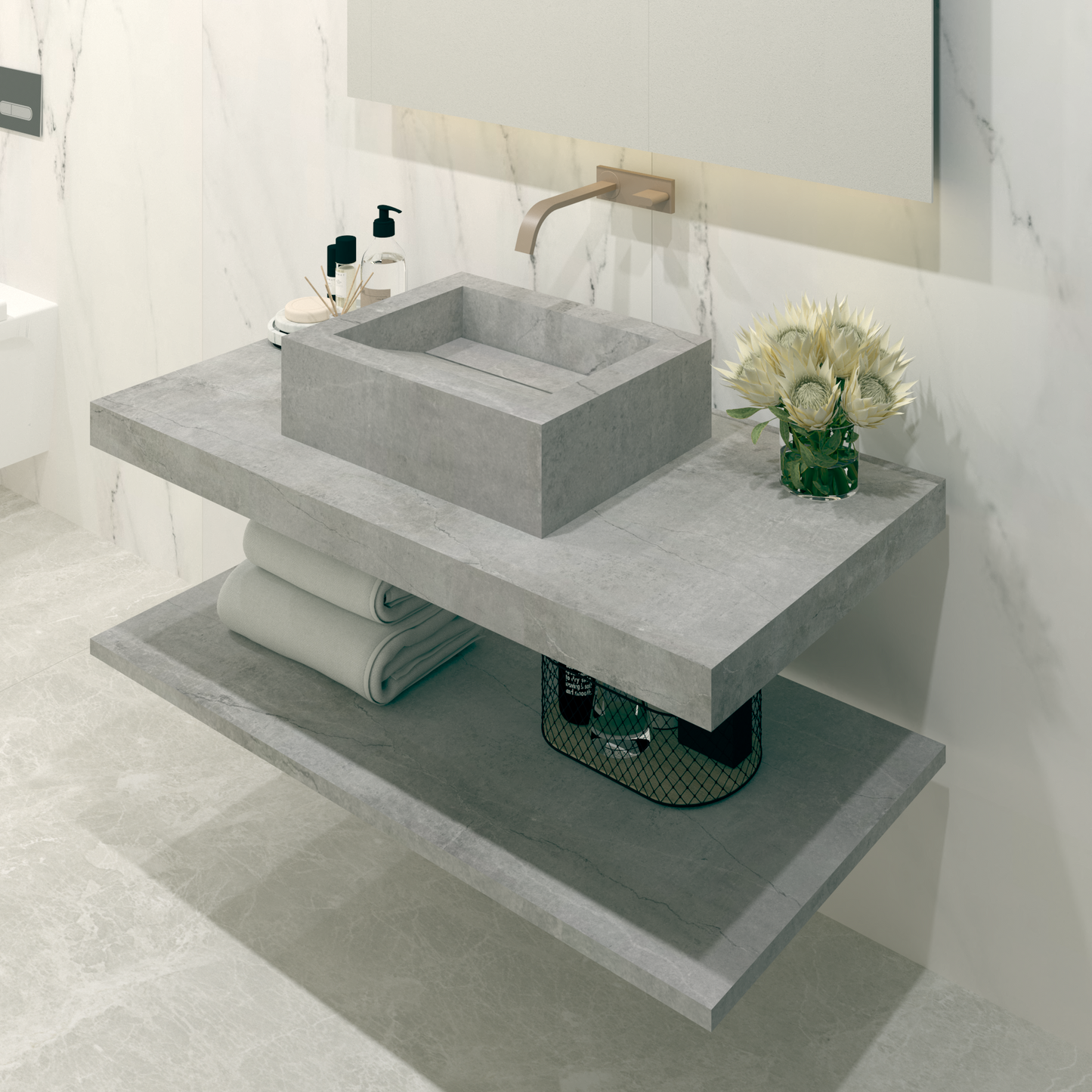 Bancada Reta Siena em Dekton 4 mm com Lavatório de Pousar no mesmo Material