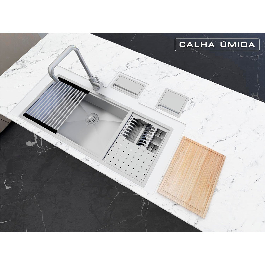 Cuba Platino Integrato Ld 1037x440 with Cutting Board + Mat and Valve with Basket - Wet Gutter - STEEL 304