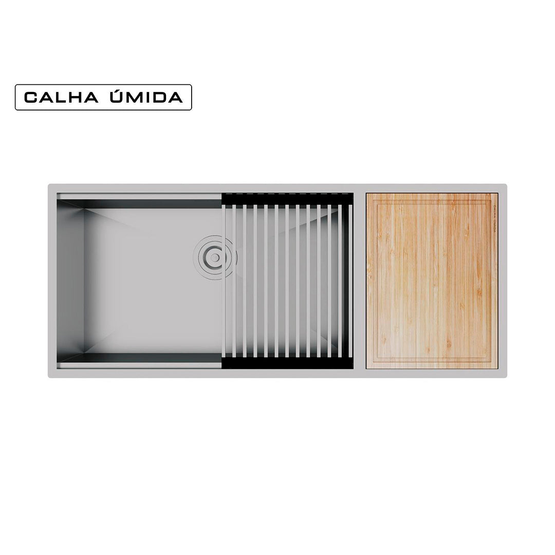 Cuba Platino Integrato Ld 1037x440 with Cutting Board + Mat and Valve with Basket - Wet Gutter - STEEL 304