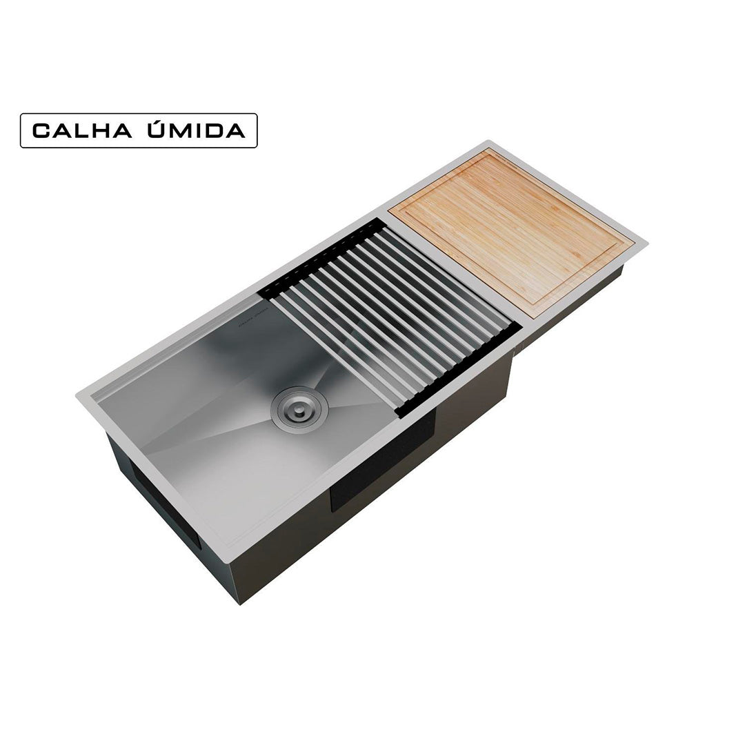 Cuba Platino Integrato Ld 1037x440 with Cutting Board + Mat and Valve with Basket - Wet Gutter - STEEL 304