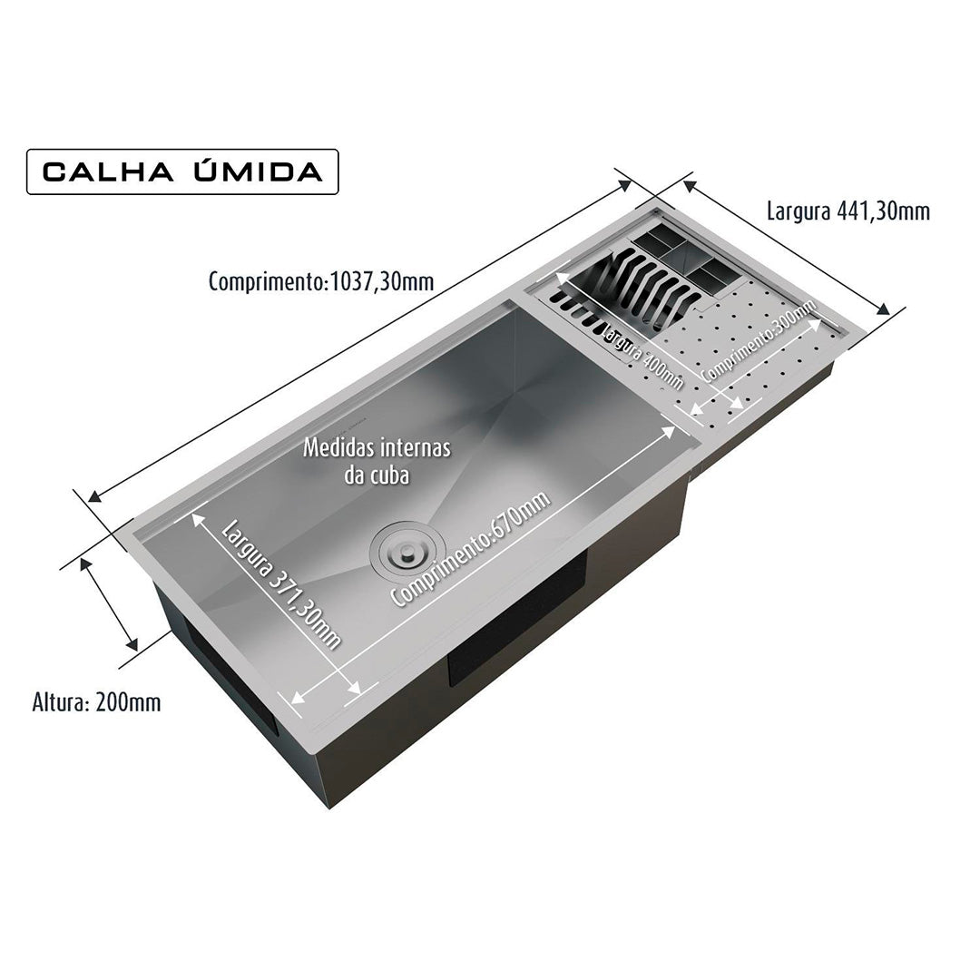 Cuba Platino Integrato Ld 1037x440 with Cutting Board + Mat and Valve with Basket - Wet Gutter - STEEL 304