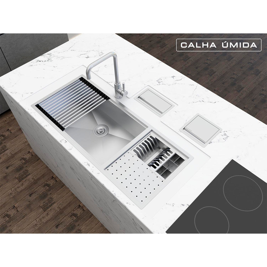 Cuba Platino Integrato Ld 1037x440 with Cutting Board + Mat and Valve with Basket - Wet Gutter - STEEL 304