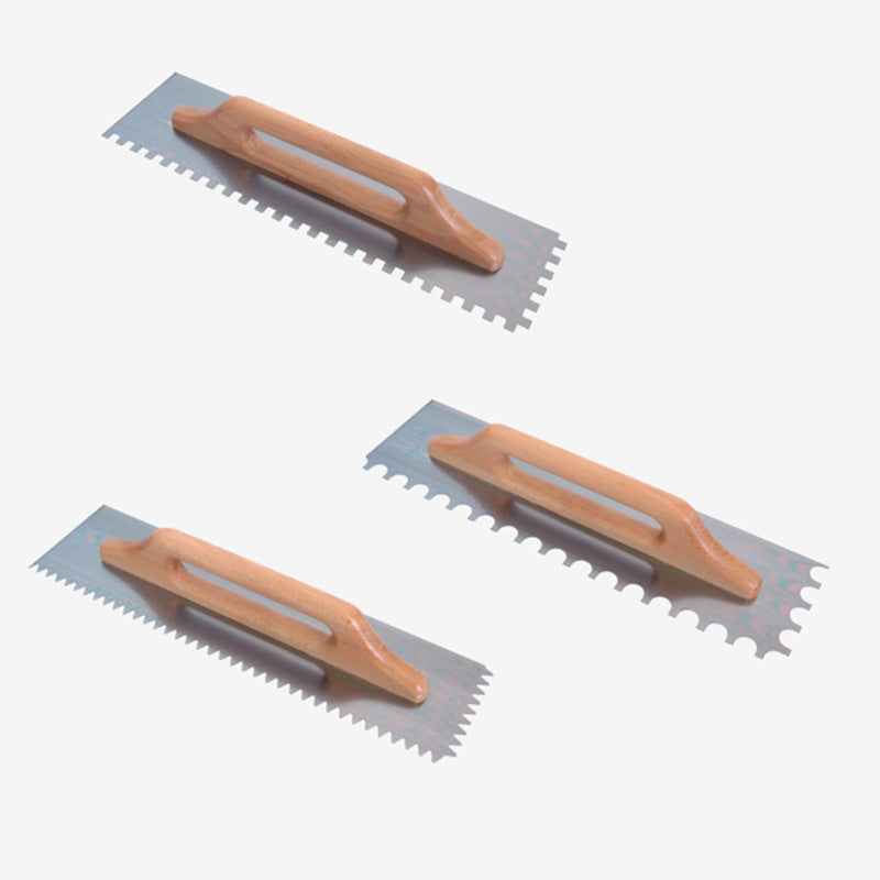 Notched trowels in 7/10 tempered steel - Anti-rust treatment - Wooden handle 