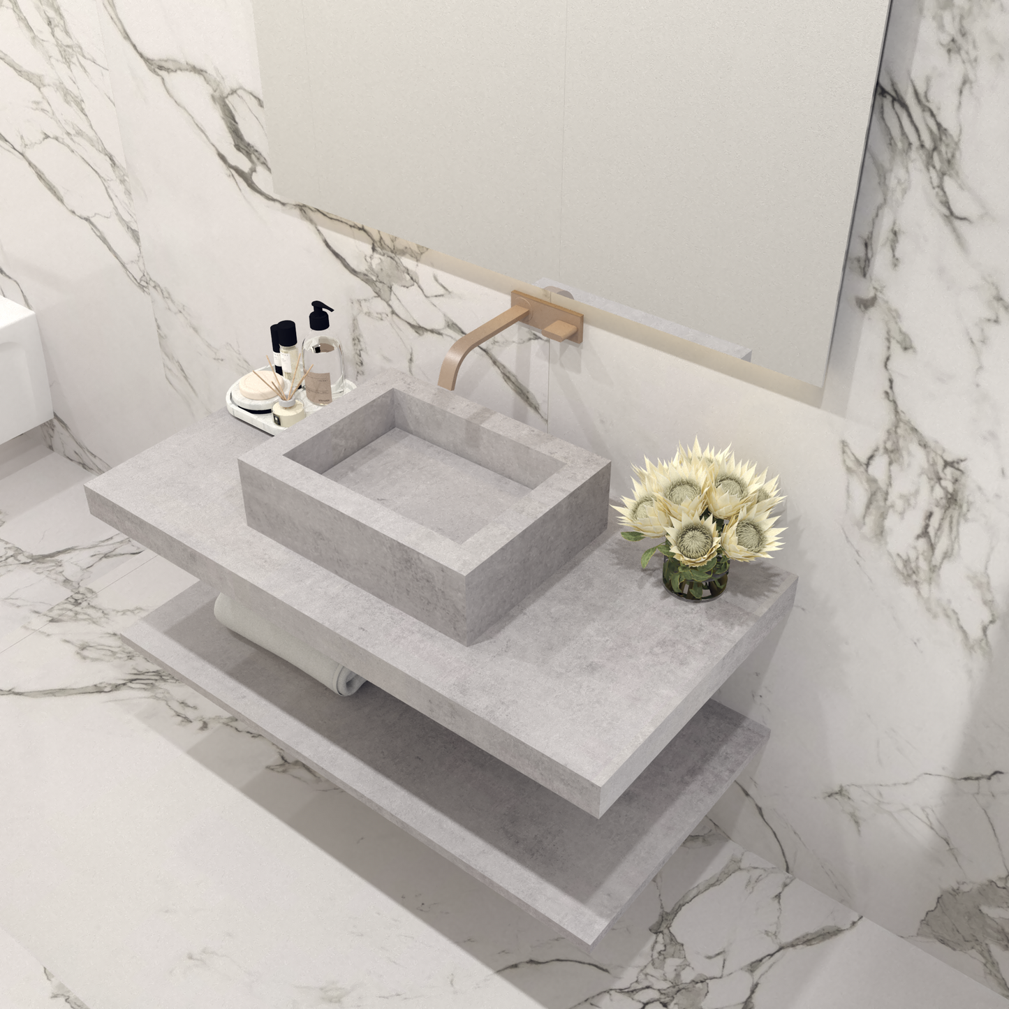 Bancada Reta Toscana em Dekton 4 mm com Lavatório de Pousar no mesmo Material